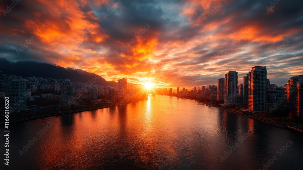 A captivating sunset illuminates the skyline with vibrant colors, emphasizing the balance between urban architecture and the encompassing natural landscape by the water. A captivating sunset illuminates the skyline with vibrant colors, emphasizing the balance between urban architecture and the encompassing natural landscape by the water.