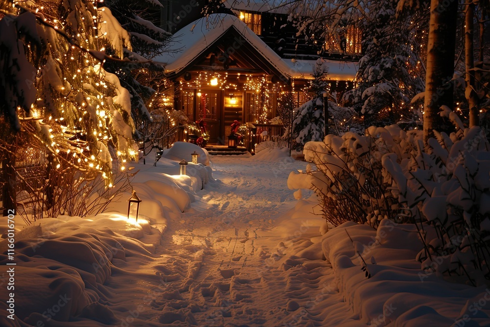 Fototapeta premium Decorated New Year houses with Santa Claus nearby, carrying festive gifts.