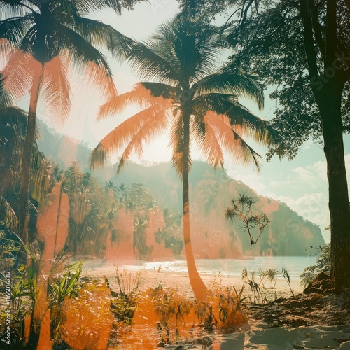 Tropical Beach Scene With Palm Trees and Sunlight