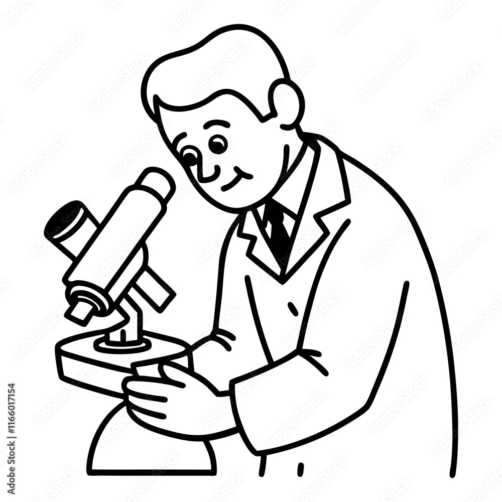 Scientist focusing on a microscope simple line drawing illustration Scientist focusing on a microscope simple line drawing illustration