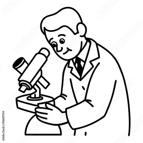 Scientist focusing on a microscope simple line drawing illustration