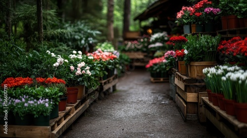 Wallpaper Mural A vibrant flower stall showcases a colorful array of flowers along a quaint pathway, immersing visitors in a lush and inviting atmosphere filled with natural beauty. Torontodigital.ca