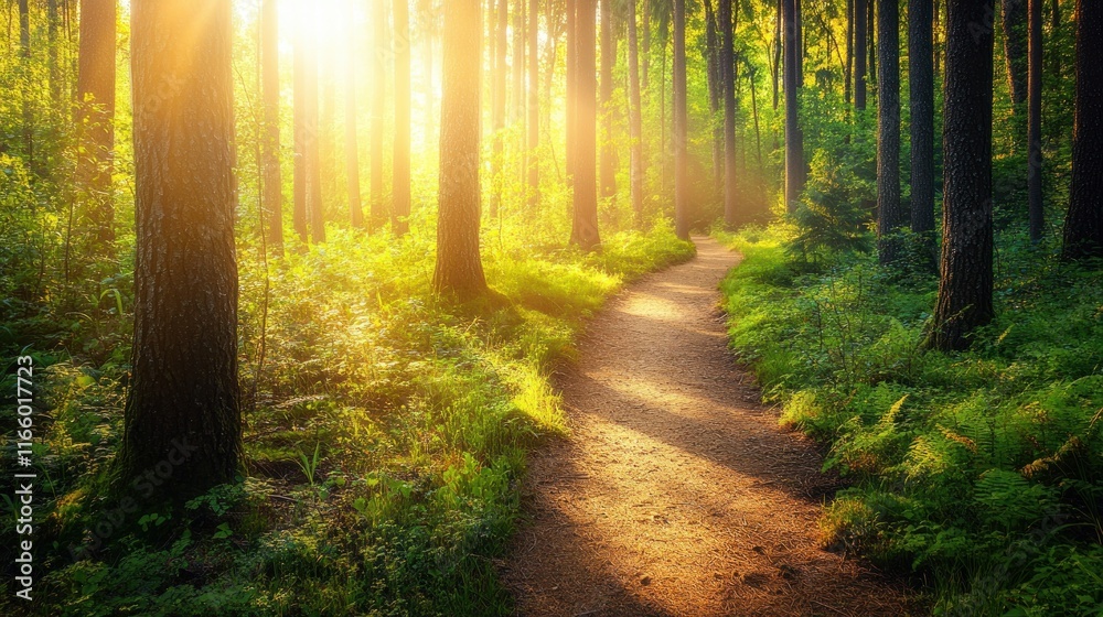 Fototapeta premium Close up view of a green forest with a beautiful and quiet dirt path background wallpaper AI generated image