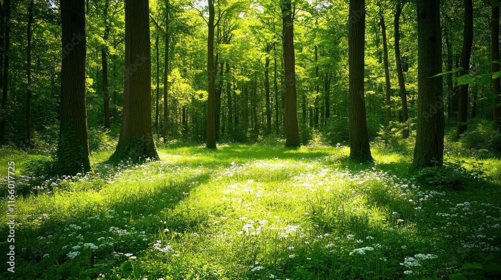 Obraz premium A quiet forest bathed in sunlight, surrounded by tall trees with green leaves, background wallpaper AI generated image