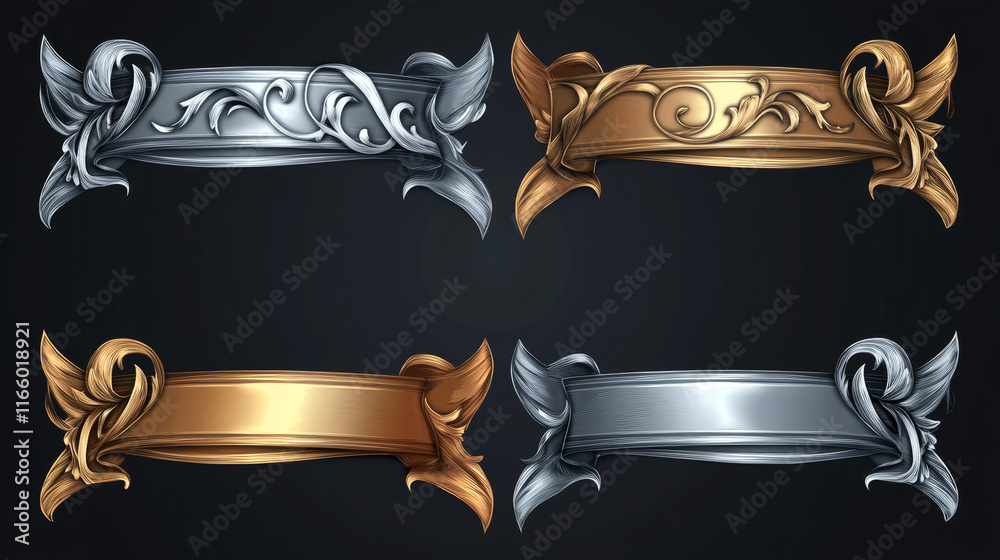 Metallic title banners set for epic game design. Golden, silver and bronze decorative frames. Vector assets for web or GUI development. Metallic title banners set for epic game design. Golden, silver and bronze decorative frames. Vector assets for web or GUI development.