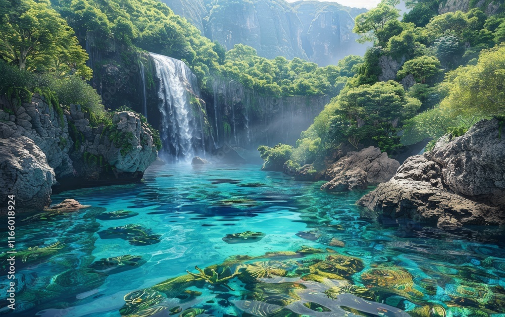 lagoon with cascading waterfalls feeding into waters lagoon with cascading waterfalls feeding into waters