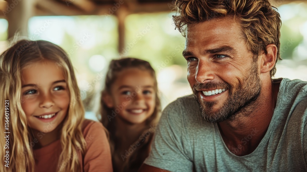 A joyful father shares a laugh with his two young daughters, surrounded by nature, illustrating the beauty of family bonding and the joy of childhood moments. A joyful father shares a laugh with his two young daughters, surrounded by nature, illustrating the beauty of family bonding and the joy of childhood moments.