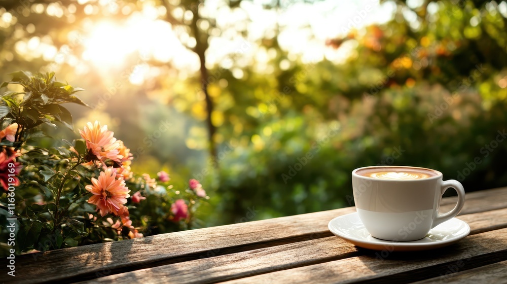 A creatively arranged coffee cup sits atop a wooden table surrounded by blooming flowers, illuminated by the golden hues of the setting sun, creating a picturesque scene. A creatively arranged coffee cup sits atop a wooden table surrounded by blooming flowers, illuminated by the golden hues of the setting sun, creating a picturesque scene.