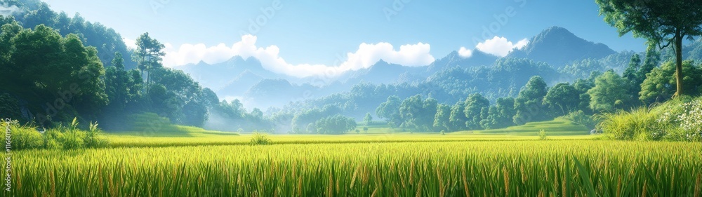 Obraz premium Vast expanses of rice fields with a backdrop of towering forested mountains background wallpaper AI generated image