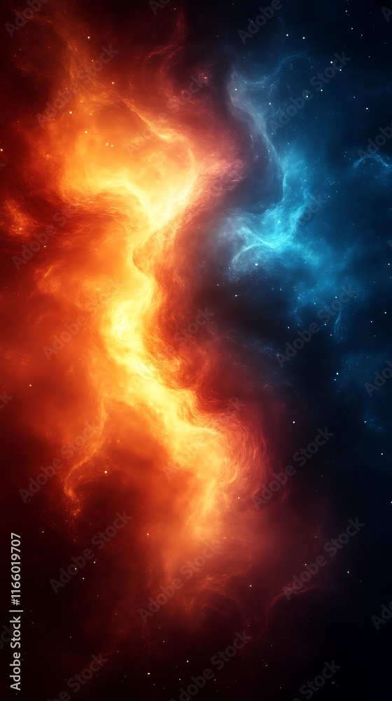 Naklejka premium Fiery and Icy Cosmic Nebula Swirling Together in Space