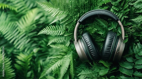 A pair of elegant headphones carefully positioned among lush green ferns, bridging the gap between the modern world of sound and the soothing tranquility of nature.