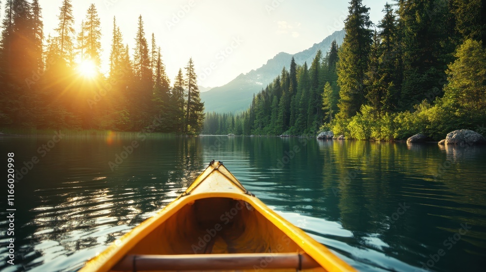 A picturesque scene of a golden kayak gliding through a tranquil lake surrounded by lush trees under the glowing rays of a sunrise, symbolizing adventure and tranquility. A picturesque scene of a golden kayak gliding through a tranquil lake surrounded by lush trees under the glowing rays of a sunrise, symbolizing adventure and tranquility.