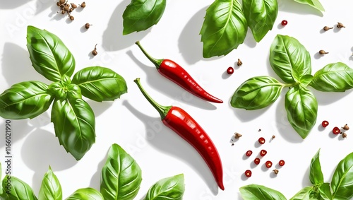 Fresh tomatoes basil and garlic on a white background