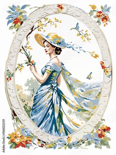 victorian woman with hat in antique frame pattern illustration