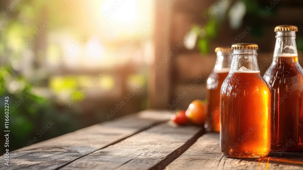 A vibrant display of chilled bottles of soft drink arranged on a rustic wooden table, exuding warmth and the inviting essence of shared moments and refreshment. A vibrant display of chilled bottles of soft drink arranged on a rustic wooden table, exuding warmth and the inviting essence of shared moments and refreshment.
