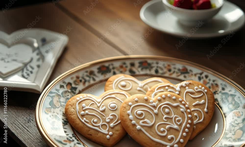 Heart-shaped cookies with delicate icing decorations, arranged on a vintage plate next to a bouquet of fresh flowers, Heart-shaped cookies with delicate icing decorations, arranged on a vintage plate next to a bouquet of fresh flowers,