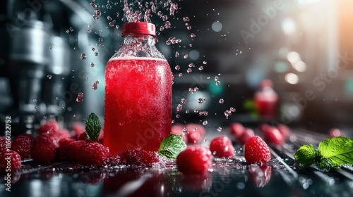 A lively scene of a raspberry drink splashing on a table, surrounded by fresh mint leaves and raspberries, highlighting the freshness and vibrancy of fruit-infused beverages. photo