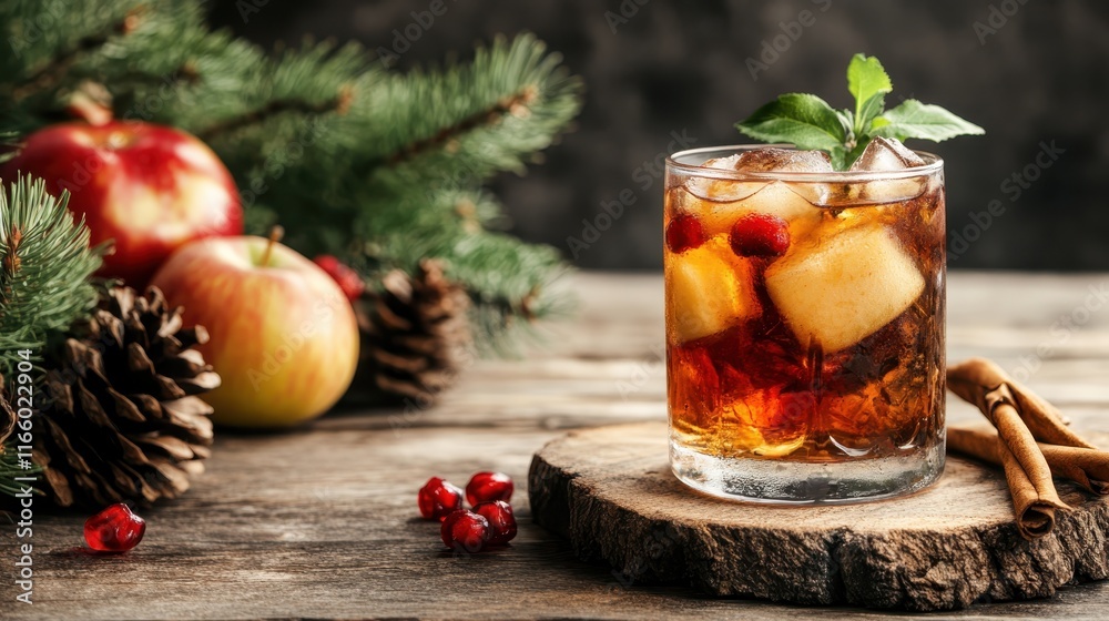 A cozy cocktail presented with apple slices and pinecones, symbolizing the warmth of the holiday season, perfectly adorned with festive garnishes on a rustic table. A cozy cocktail presented with apple slices and pinecones, symbolizing the warmth of the holiday season, perfectly adorned with festive garnishes on a rustic table.
