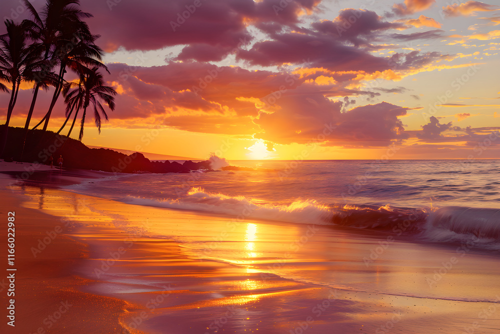 Enchanting Sunset at Tranquil Beach with Silhouetted Palm Trees and Couple Strolling Along Shoreline