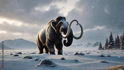 Woolly Mammoth Standing in a Snowy Ice Age Landscape with Mountains, Forests, and a Moonlit Sky

 photo