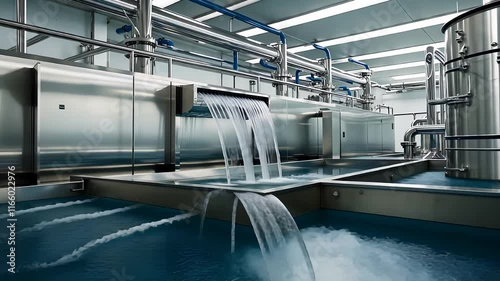 Modern Water Treatment Facility with Flowing Streams, Stainless Steel Pipes, and Industrial Purification Equipment

 photo