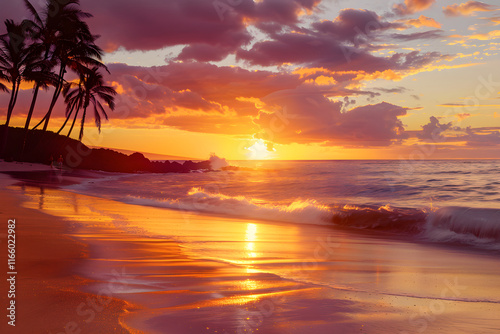 Enchanting Sunset at Tranquil Beach with Silhouetted Palm Trees and Couple Strolling Along Shoreline