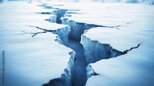 Frozen crack ice land on transparent background. Broken glacier surface 3d texture. Earthquake deep break winter river realistic blue fracture. Icy split quake gap isolated illustration. Nature damage photo