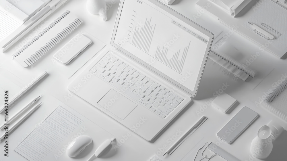 Modern Laptop with Graphs and Office Supplies Modern Laptop with Graphs and Office Supplies