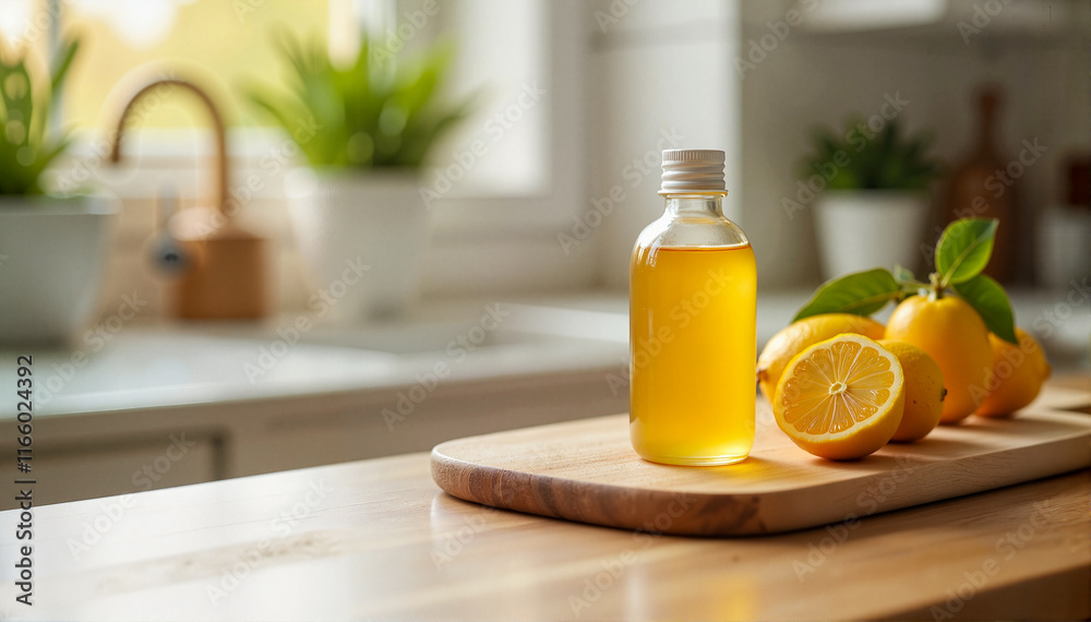 Bottle of cough syrup placed next to fresh lemons on a wooden cutting board in a bright kitchen Bottle of cough syrup placed next to fresh lemons on a wooden cutting board in a bright kitchen