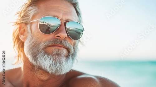 A relaxed man wearing sunglasses gazes into the distance on a sunny beach day, capturing a moment of tranquility and serenity amidst the beautiful seaside backdrop.