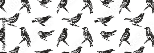 Pattern of black silhouettes of wild forest birds. Winter wild animal, tit, grosbeak, goldfinch, oriole. Isolated wild or garden chick of simple nature. Seamless vector background.