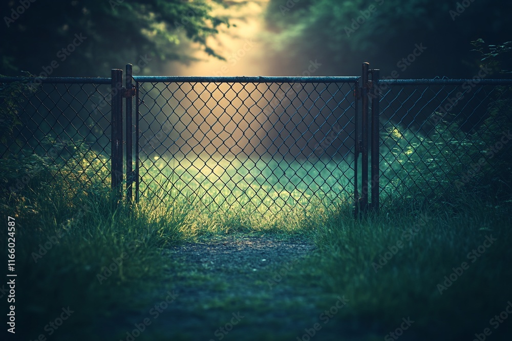 Misty morning through a chain-link fence. Pathway through a tranquil forest at dawn. Misty morning through a chain-link fence. Pathway through a tranquil forest at dawn.