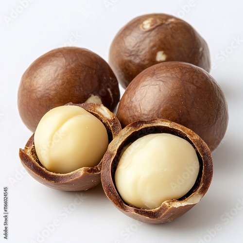 Macadamia nut in its shell showcasing a creamy kernel ready for snacking or baking photo