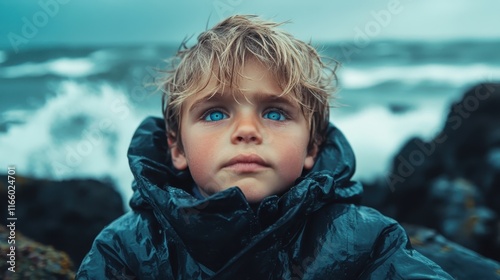 A young boy stands by the rocky shore, his blue eyes reflecting the tumultuous ocean waves, embodying a sense of wonder and exploration amidst nature’s beauty. photo