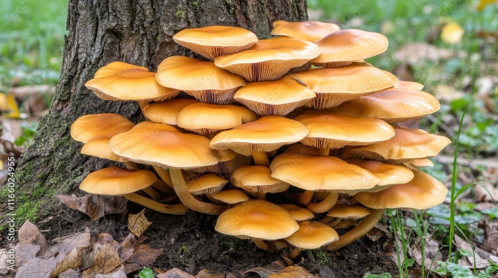 Vibrant Orange Mushrooms at Tree Base in Forest Vibrant Orange Mushrooms at Tree Base in Forest