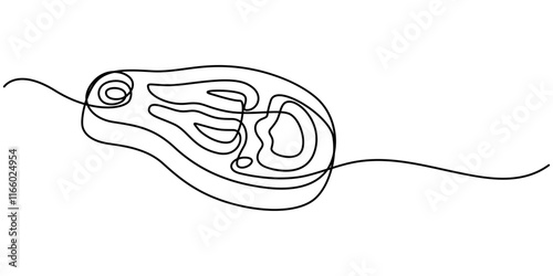 Continuous one line drawing of meat veal, pork, beef, veal steak grill bbq concept in silhouette on a white background, Continuous Line Steak Meat Icon, Steakhouse Continuous Line Icon pro vector.