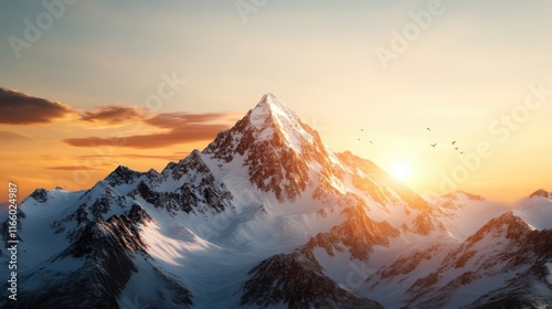 A breathtaking view of a majestic mountain peak illuminated by the warm glow of the sunrise, showcasing its snow-capped summit against a colorful sky.