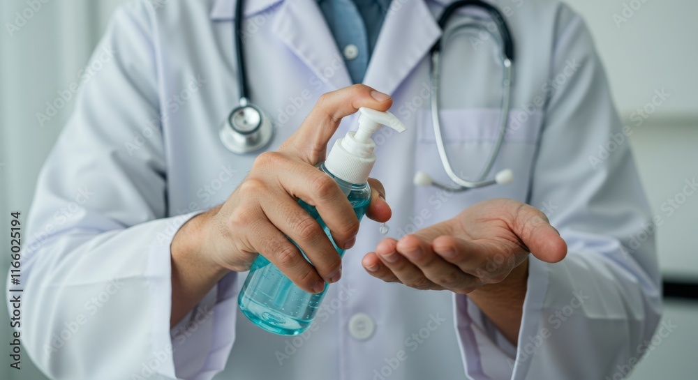 Close-up of a doctor in a white coat using hand sanitizer, emphasizing hygiene and medical care. Close-up of a doctor in a white coat using hand sanitizer, emphasizing hygiene and medical care.