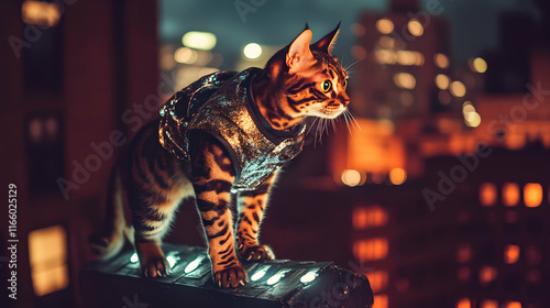 A Bengal cat in a shiny superhero outfit perched heroically on a rooftop prop with a glowing city skyline in the background photo