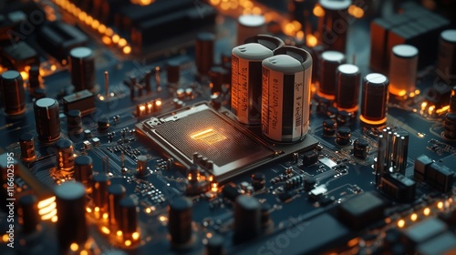 Large electrolytic power supply capacitors mounted on a PCB surrounded by resistors, inductors and audio components background wallpaper AI generated image