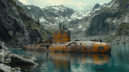 Rusted submarine in a mountain lake. photo