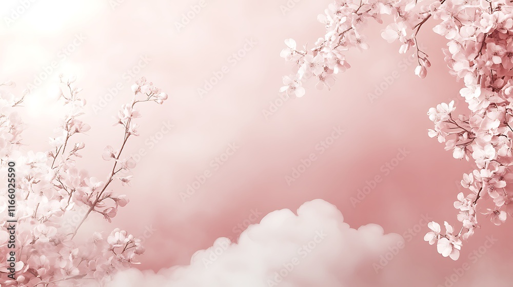 Fototapeta premium Delicate Pink Blossoms Frame Soft Cloudscape