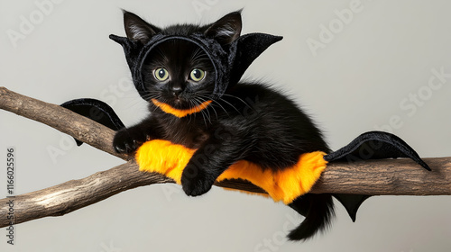 A black kitten in a Halloween bat costume sitting on a spooky tree branch prop photo