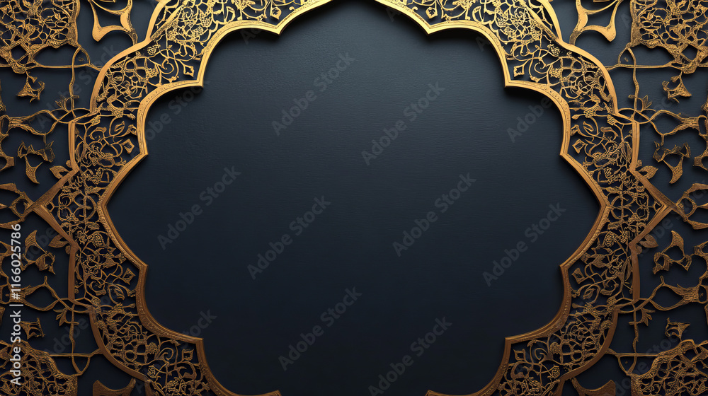Fototapeta premium Thin elegant golden Islamic frame set. Arab gold luxury windows. Arab modern thin portals or doors. Gold decoration ornaments elements. Premium Arabian frames on dark background. Vector illustration.