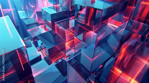 Abstract glass cubes glowing with blue and red light create a modern architectural design, perfect for a wallpaper