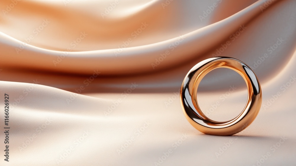 An artistic gold ring placed on a luxurious satin background, reflecting light and creating a stunning visual contrast that highlights its unique design features and elegance. An artistic gold ring placed on a luxurious satin background, reflecting light and creating a stunning visual contrast that highlights its unique design features and elegance.