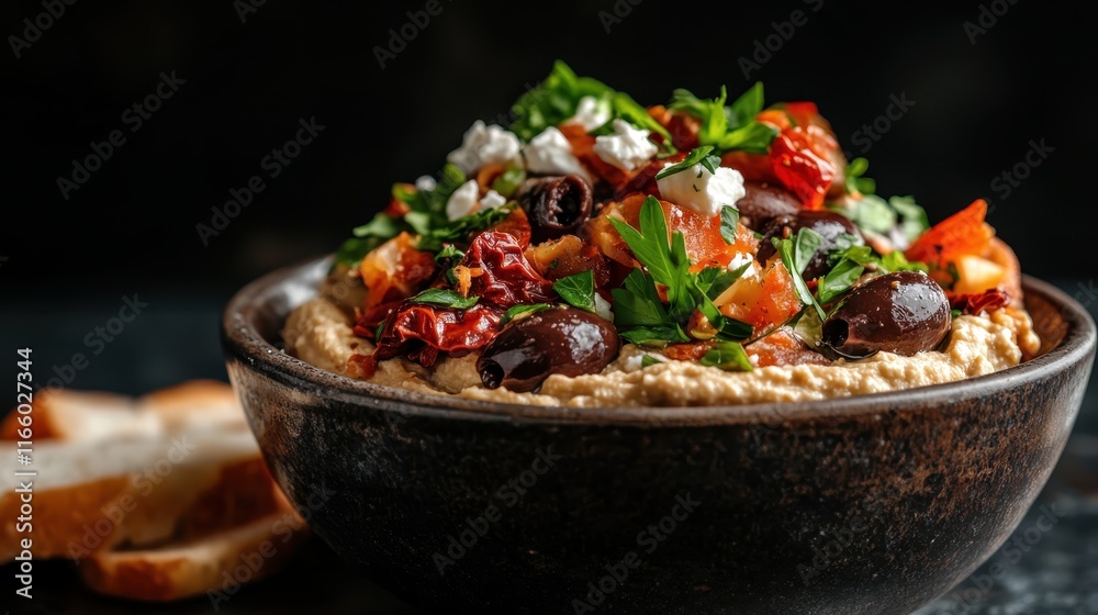 A vibrant bowl of hummus topped with olives, tomatoes, and herbs, served alongside slices of rustic bread, showcasing an appetizing and healthy dish.