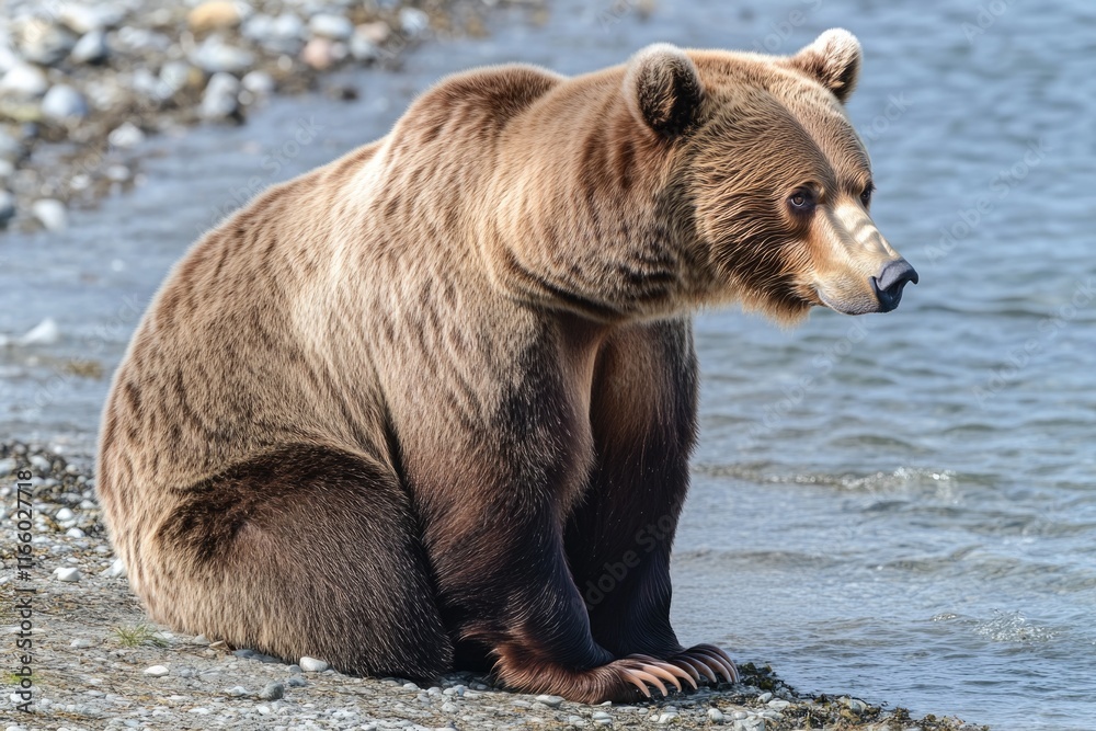 Obraz premium A large brown bear sits atop a rocky coastline, offering a serene scene for your needs