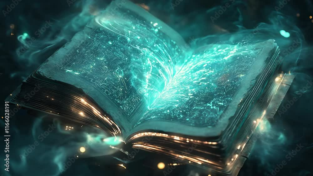 A close-up of an open ancient book with glowing runes on the pages, surrounded by swirling magical mist