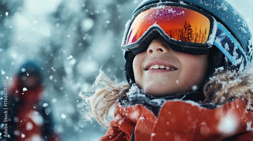 A joyful child smiles in colorful ski clothing in a snowy environment, embodying the excitement and fun of winter activities and the spirit of childhood. A joyful child smiles in colorful ski clothing in a snowy environment, embodying the excitement and fun of winter activities and the spirit of childhood.